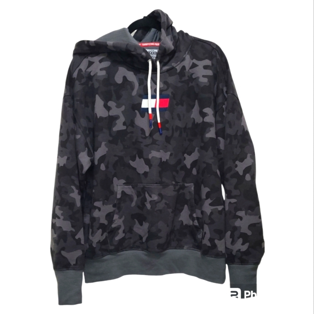 Tommy Hilfiger‎ EUC Camo Print Athleisure Hoodie with Embroidered Flag Logo L